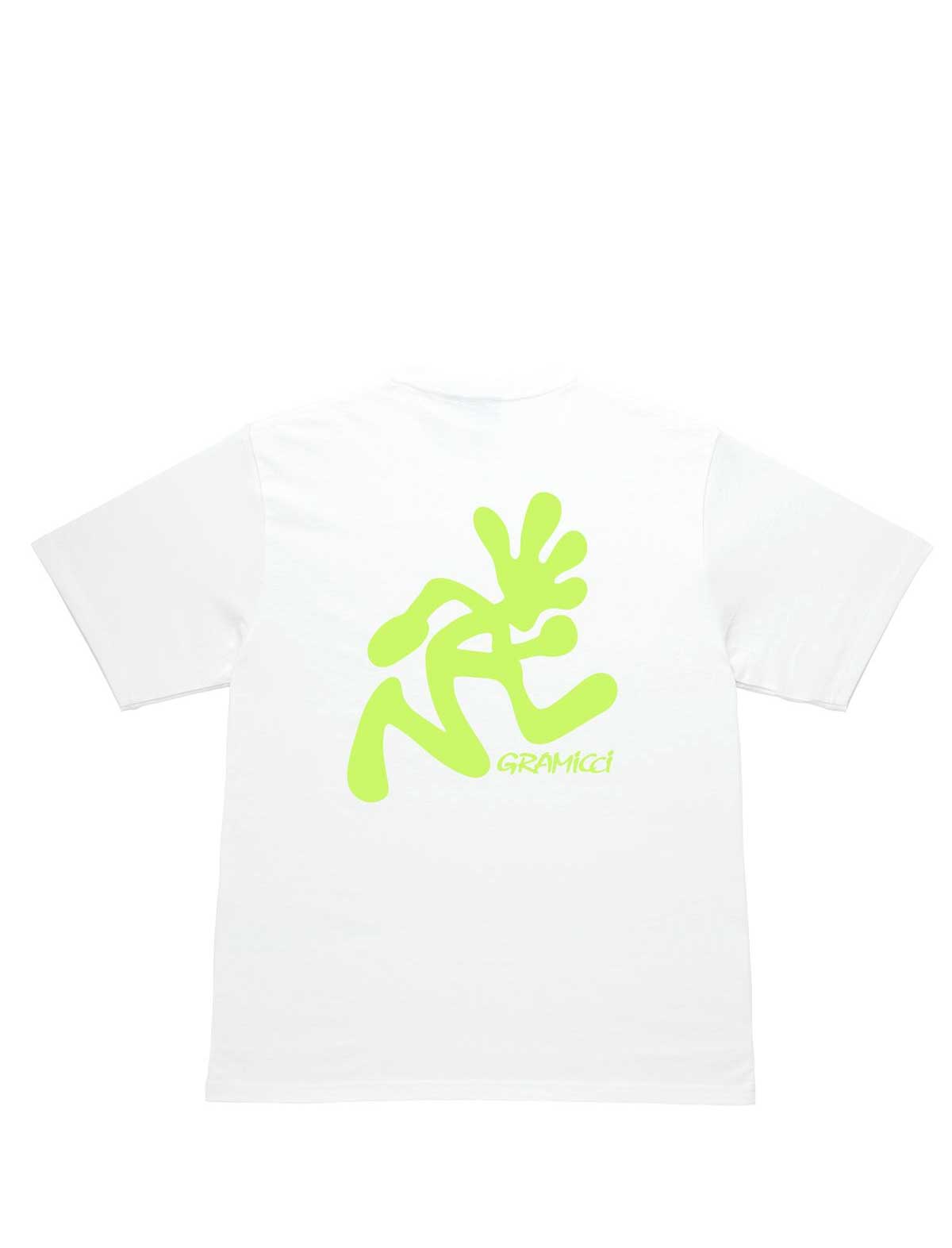 gramicci running mans White t-shirt with green logo on a white background