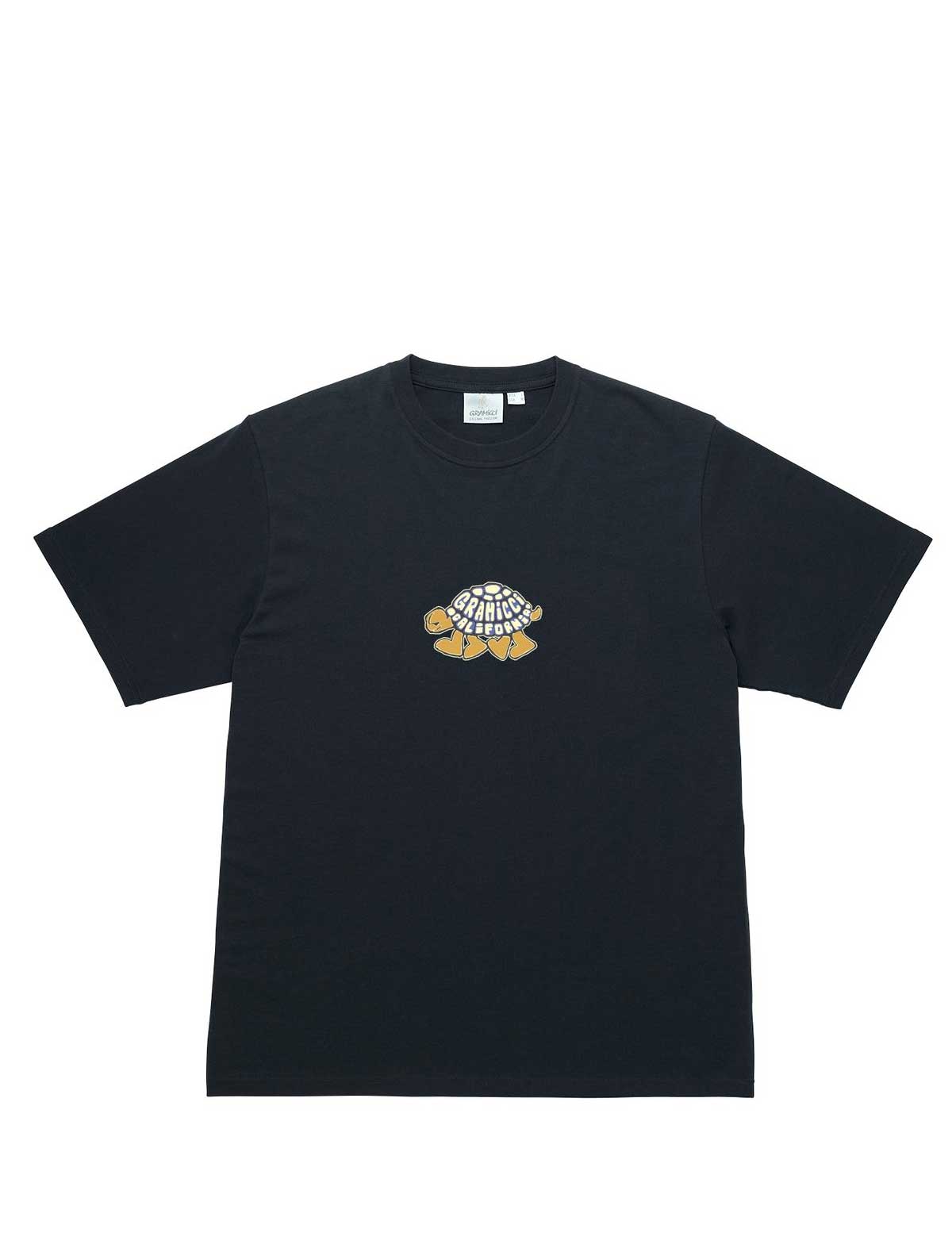 Gramicci Turtle Black t-shirt with a small graphic on a white background