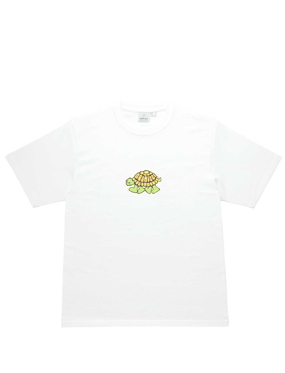 Gramicci White Turtle  t-shirt with a small graphic on a white background