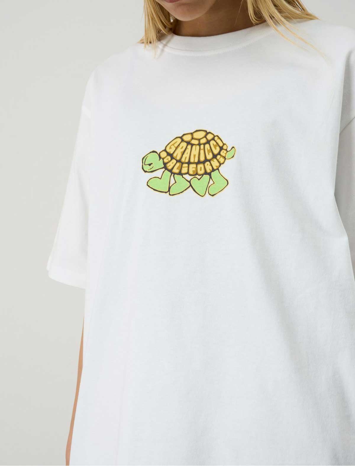 White t-shirt with a Gramicciturtle graphic on a plain background