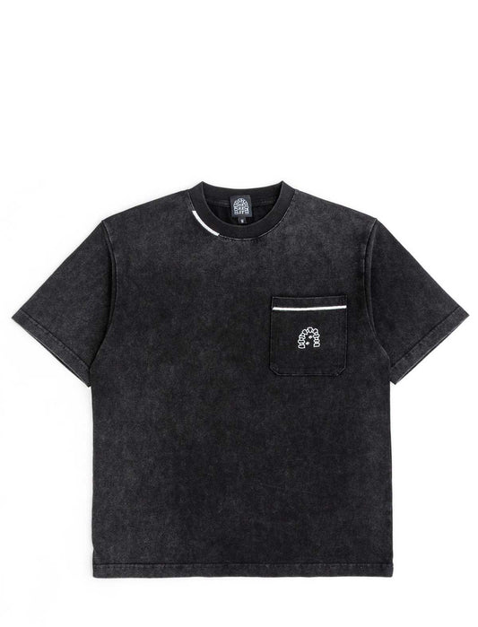 Black t-shirt with a pocket and small logo on a white background