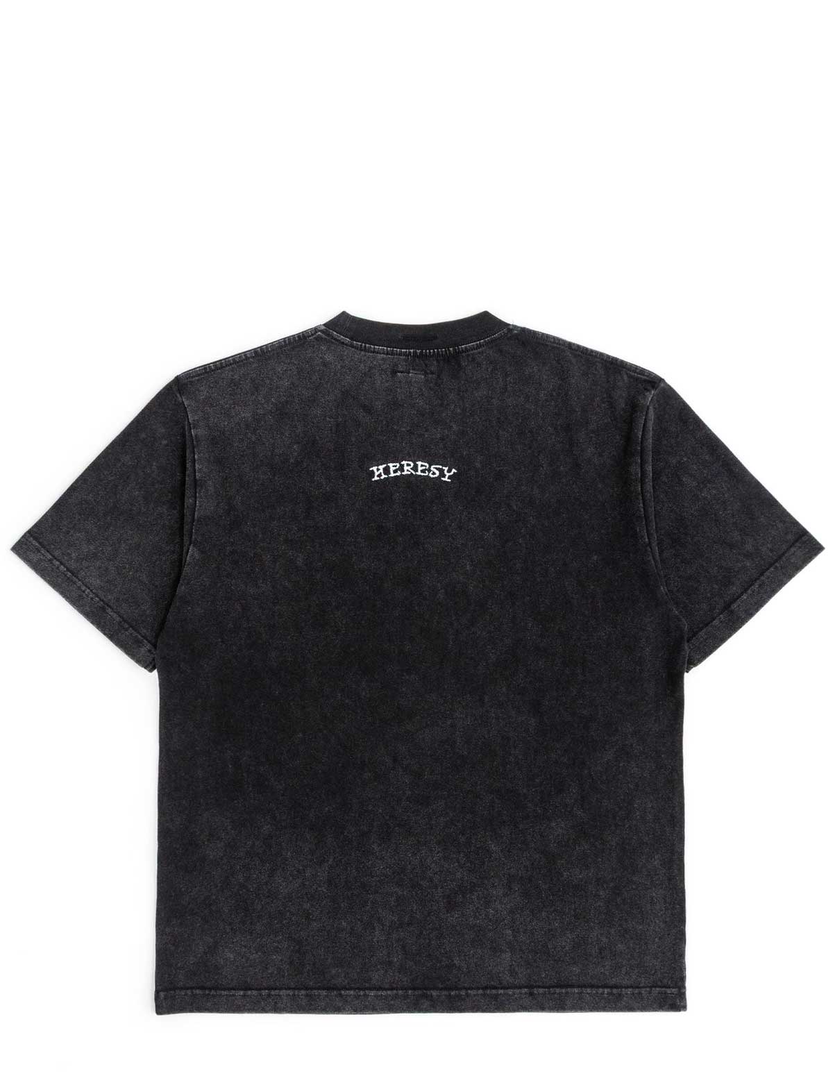 Black t-shirt with 'HERESY' logo on the back against a white background