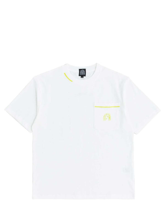 White t-shirt with a small yellow logo on a white background