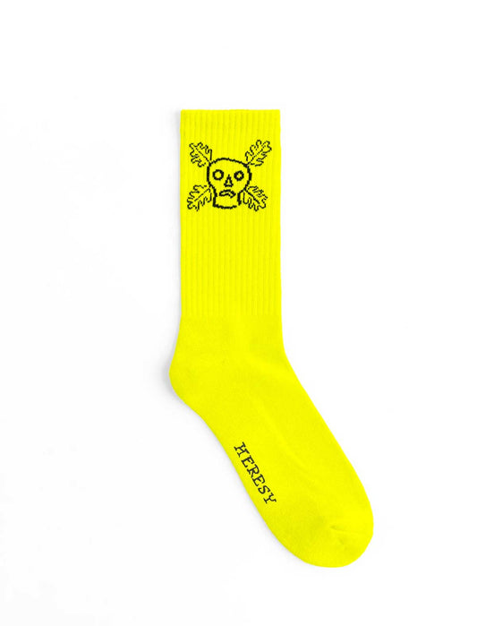 Heresy Green Man Socks with Skull embroidery and Heresy written on the bottom of the sock
