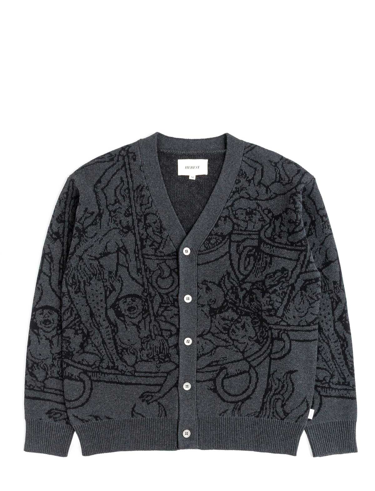 Heresy Hades Dark gray patterned cardigan on a white background