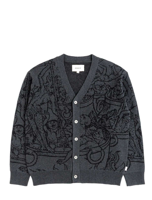 Heresy Hades Dark gray patterned cardigan on a white background