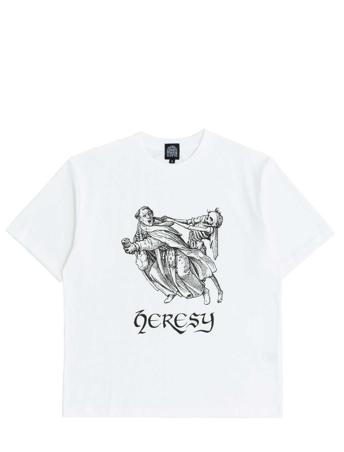 White t-shirt with black graphic design and 'HERESY' text on a white background
