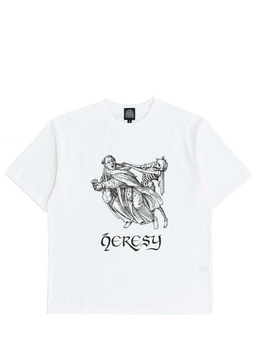 White t-shirt with black graphic design and 'HERESY' text on a white background