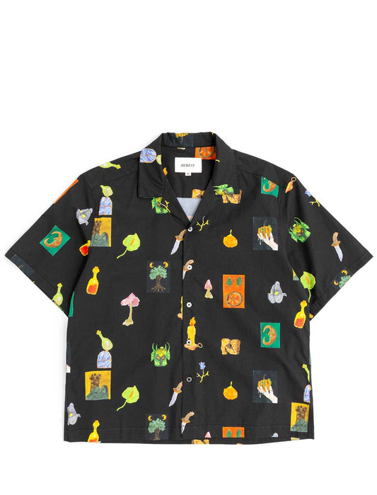 Heresy Black shirt with colorful abstract pattern on a white background