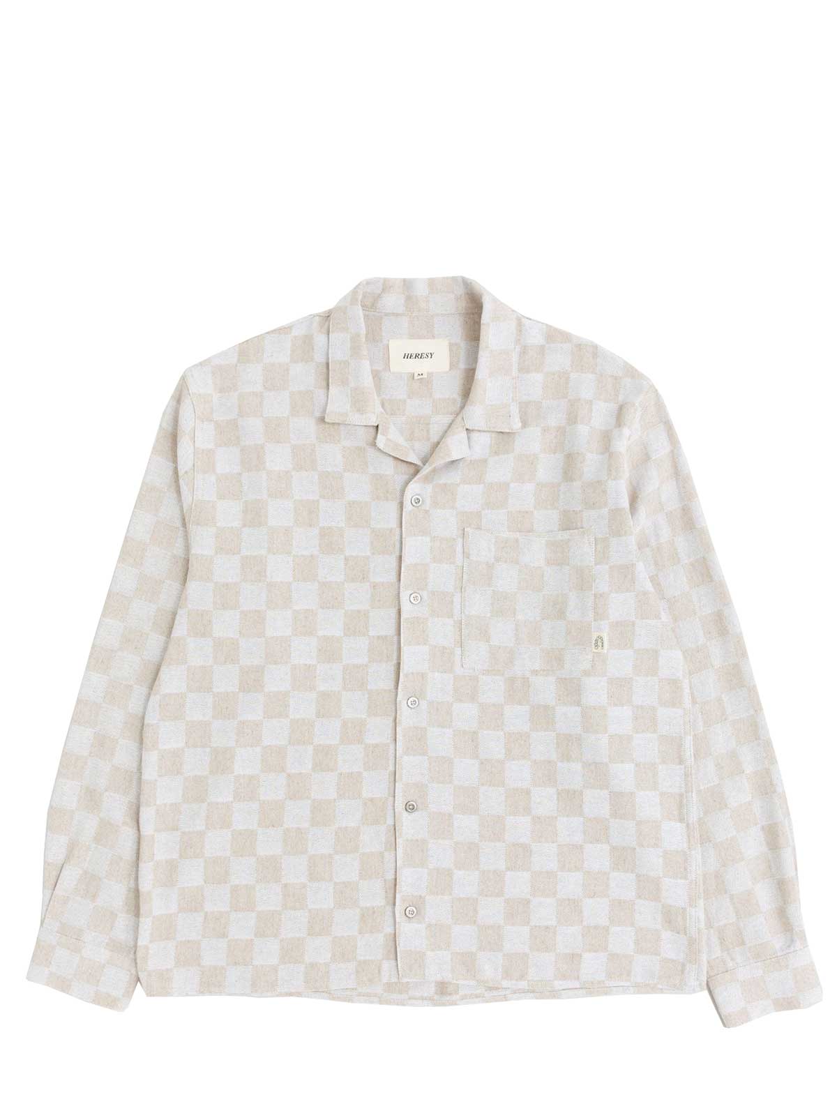 heresy checkered beige shirt on a white background