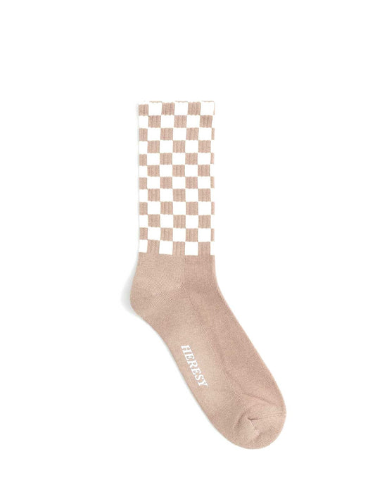 Heresy Trellis Beige sock with a white and beige checkered pattern on a white background