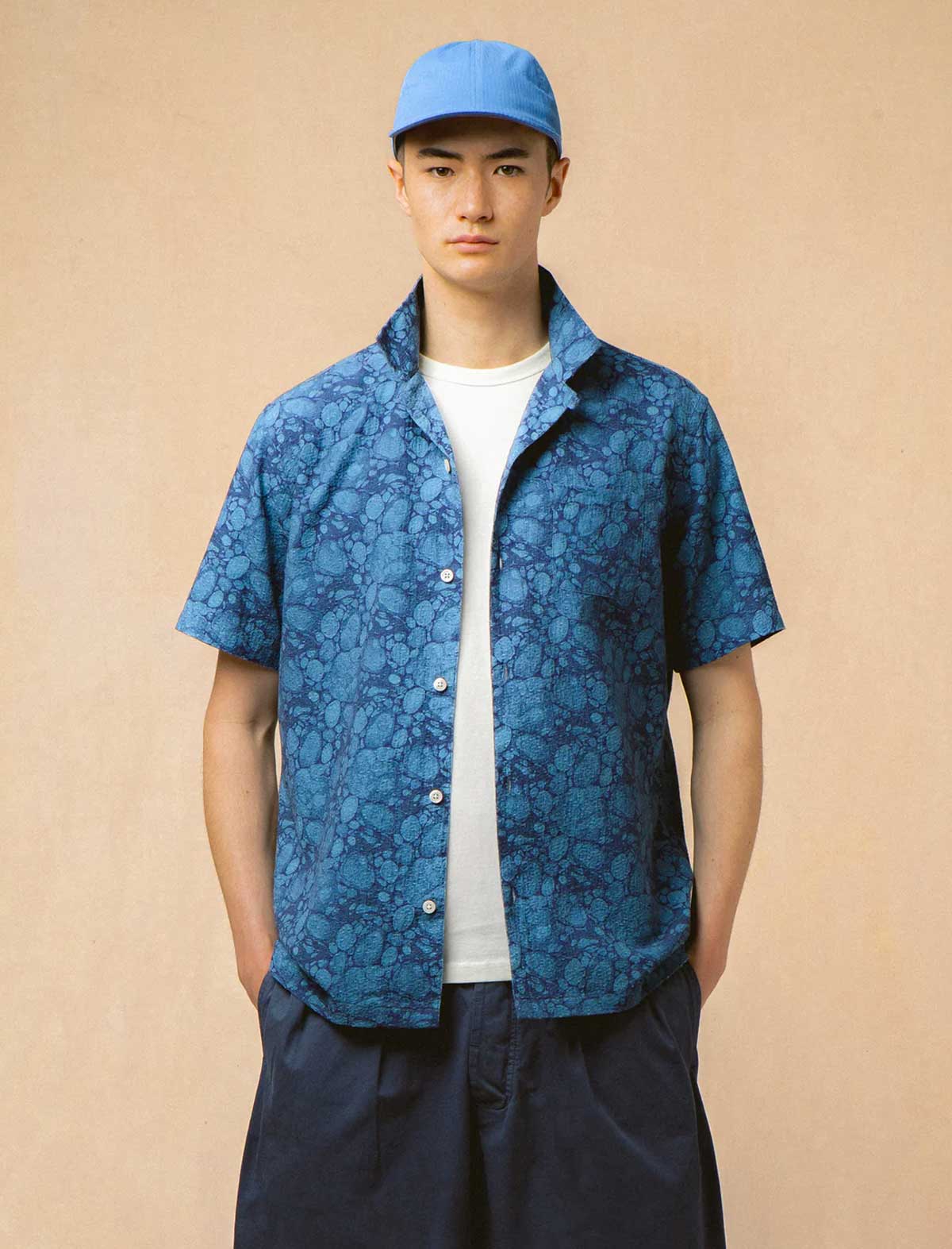 Kestin Crammond Shirt Blue Marble Print Model Front