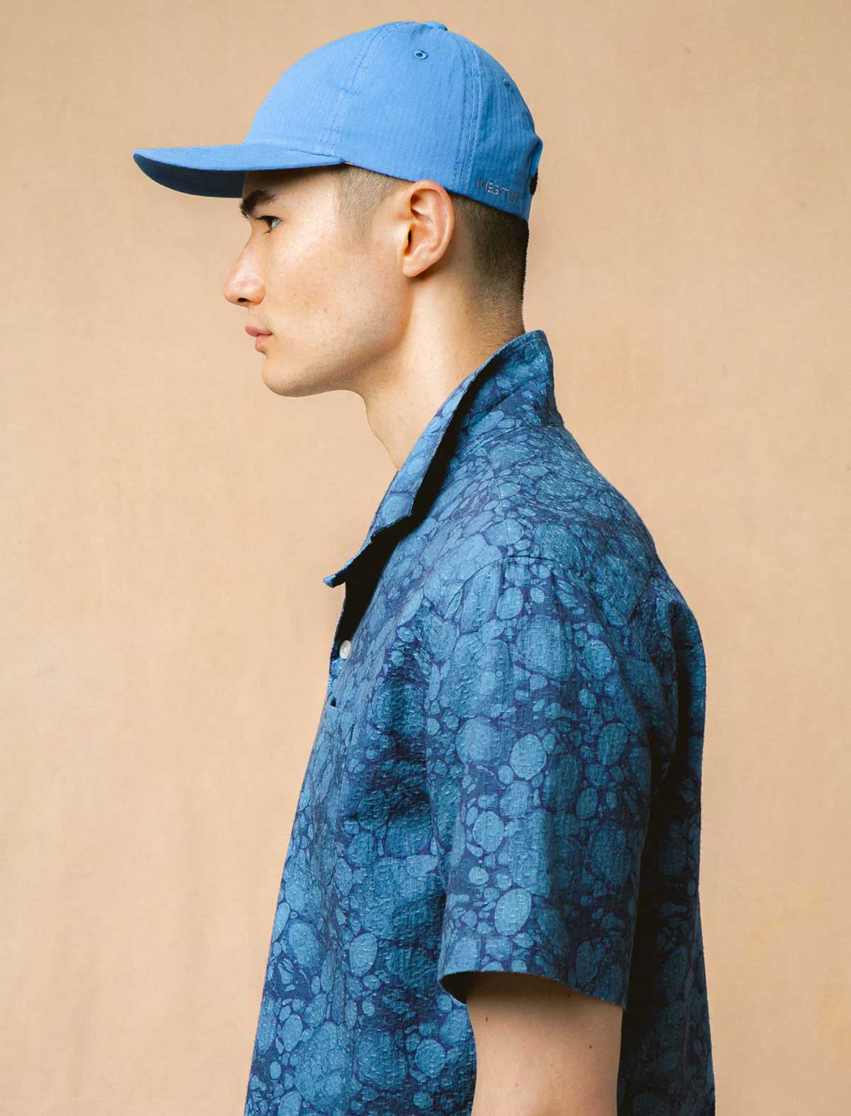 Kestin Crammond Shirt Blue Marble Print Model Side