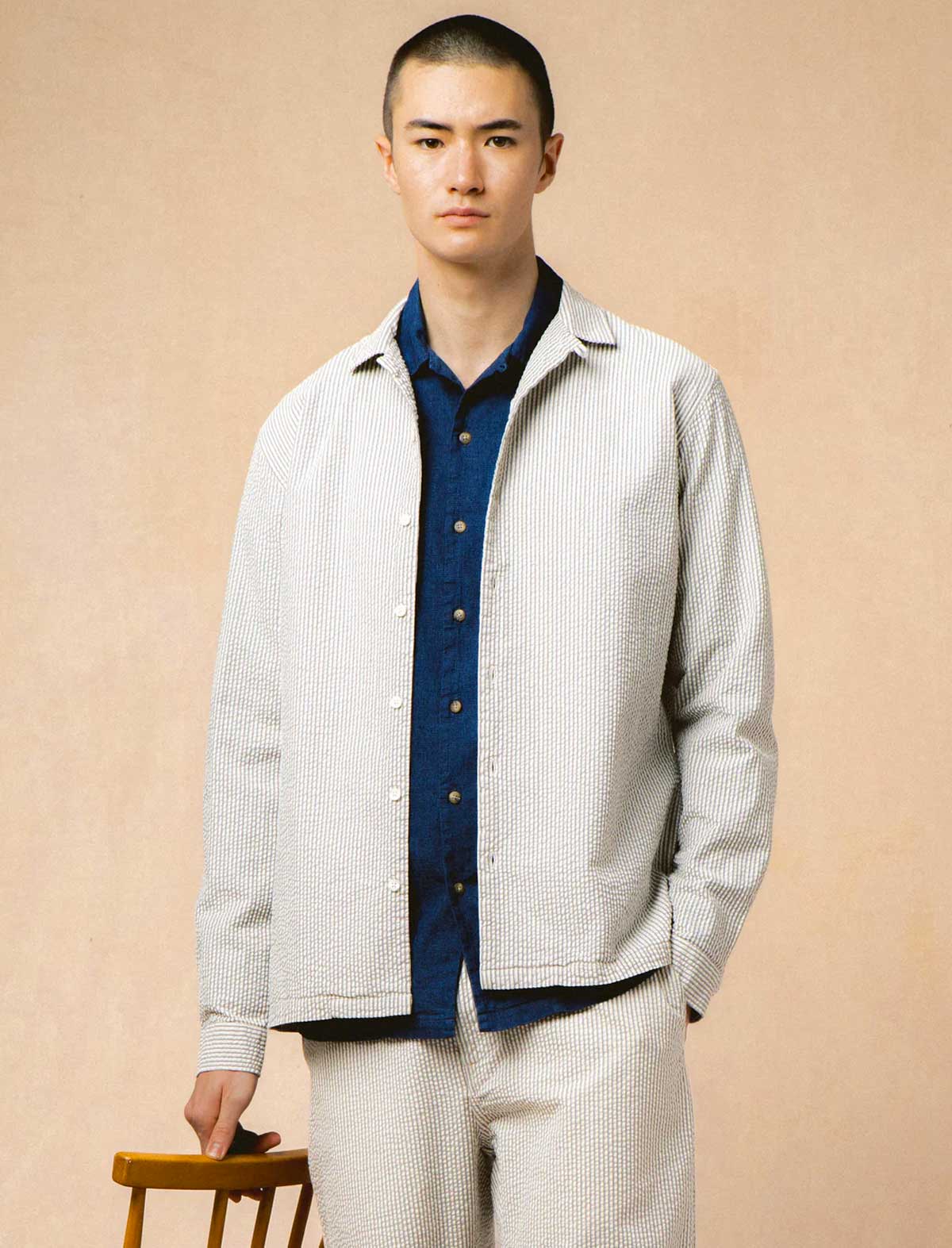 Kestin Tain Shirt Ecru/Blue Seersucker On Model