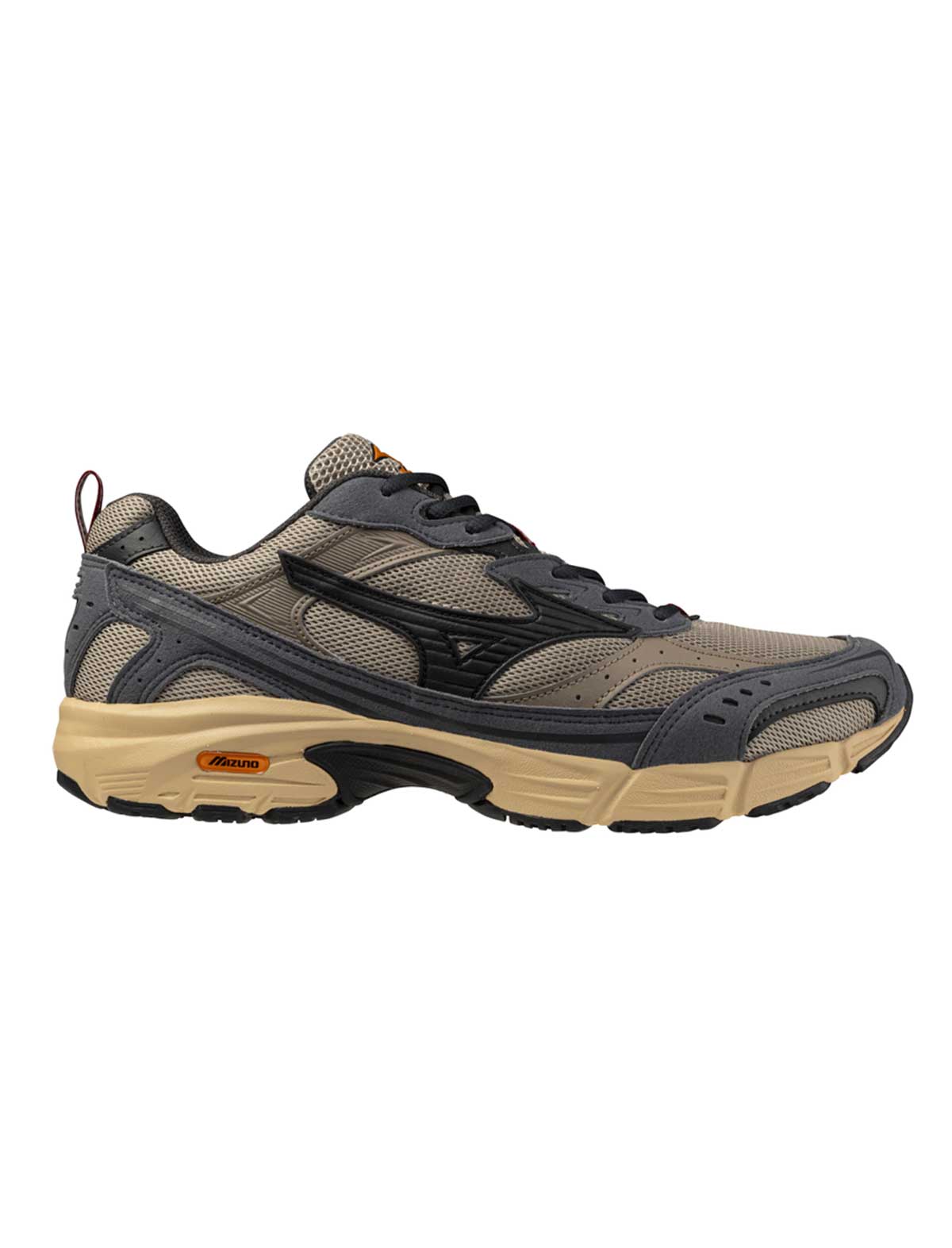 Mizuno MXR Gray and beige running shoe on a white background