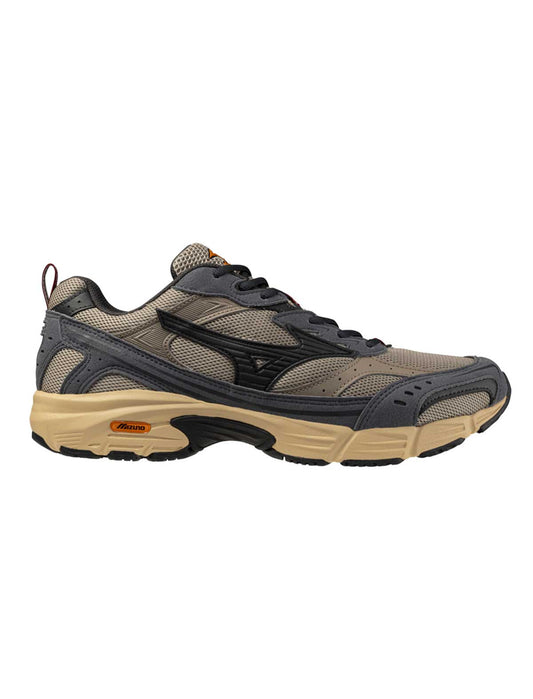 Mizuno MXR Gray and beige running shoe on a white background