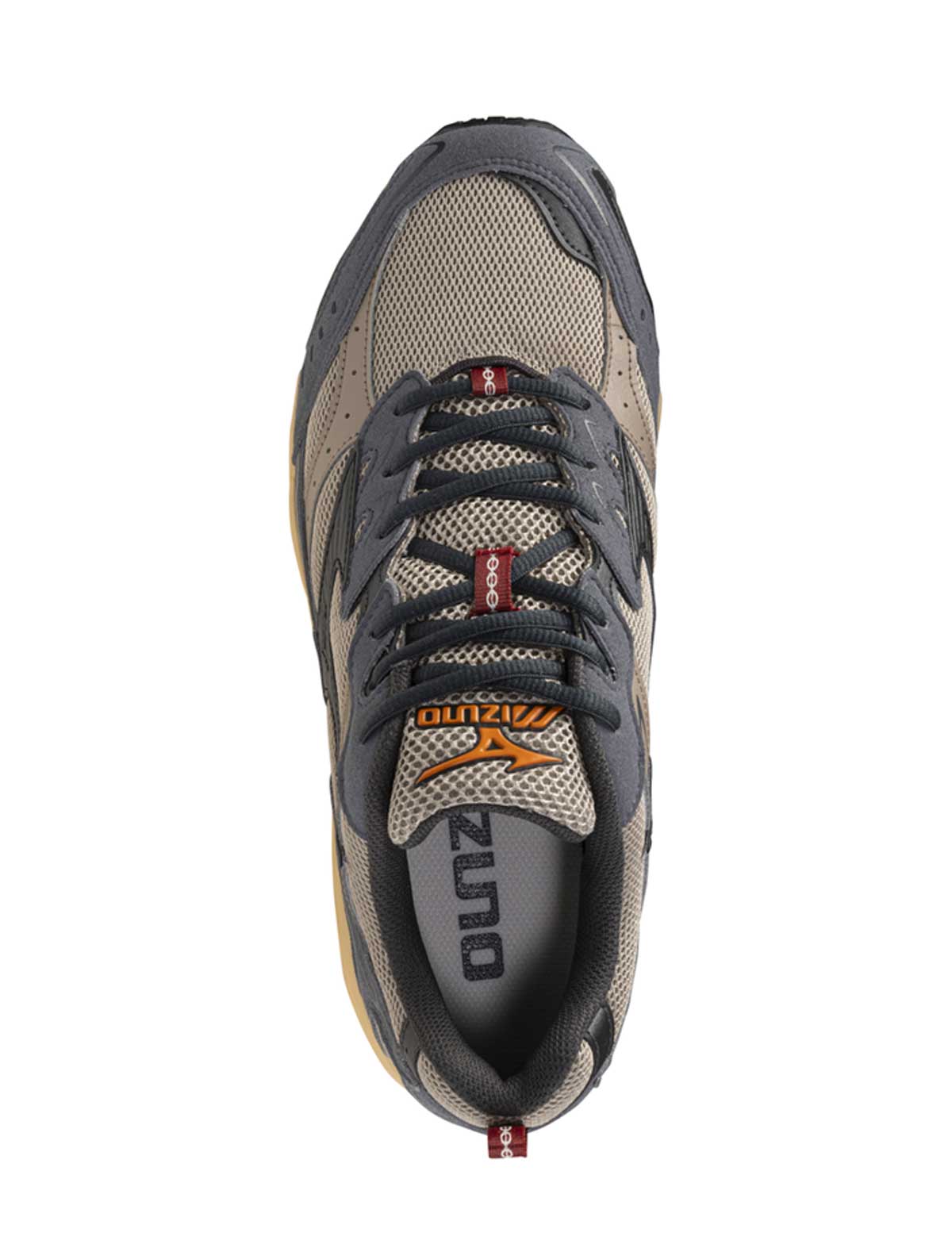 Mizuno MXR Gray and beige athletic shoe with brand logo on a white background