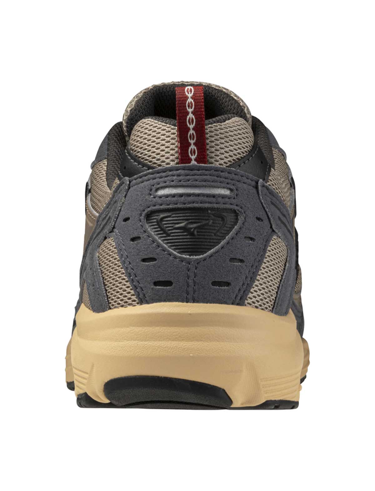 Back view of a Mizuno MXR shoe with gray, beige, and red accents on a white background