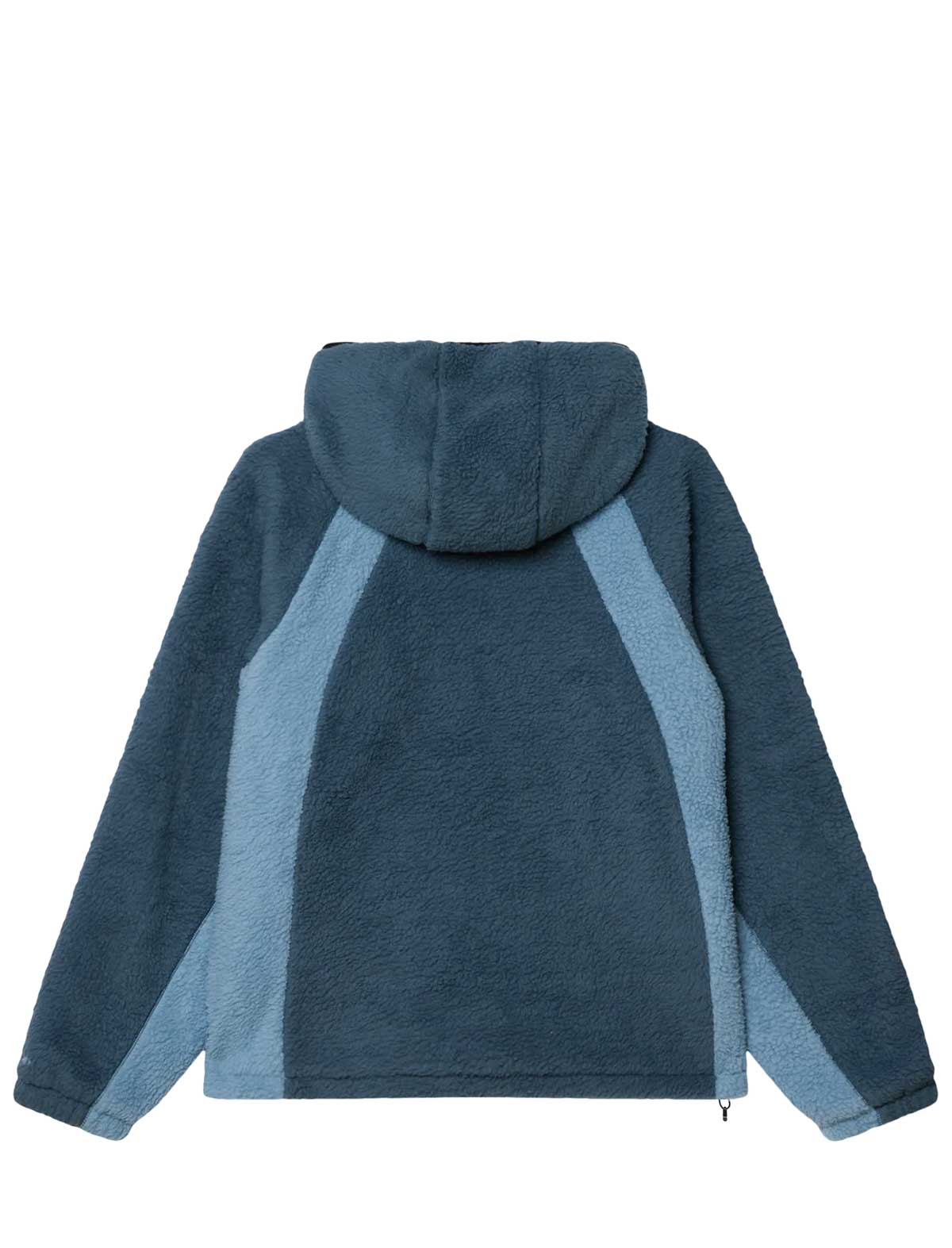 Blue fleece jacket with a hood on a white background