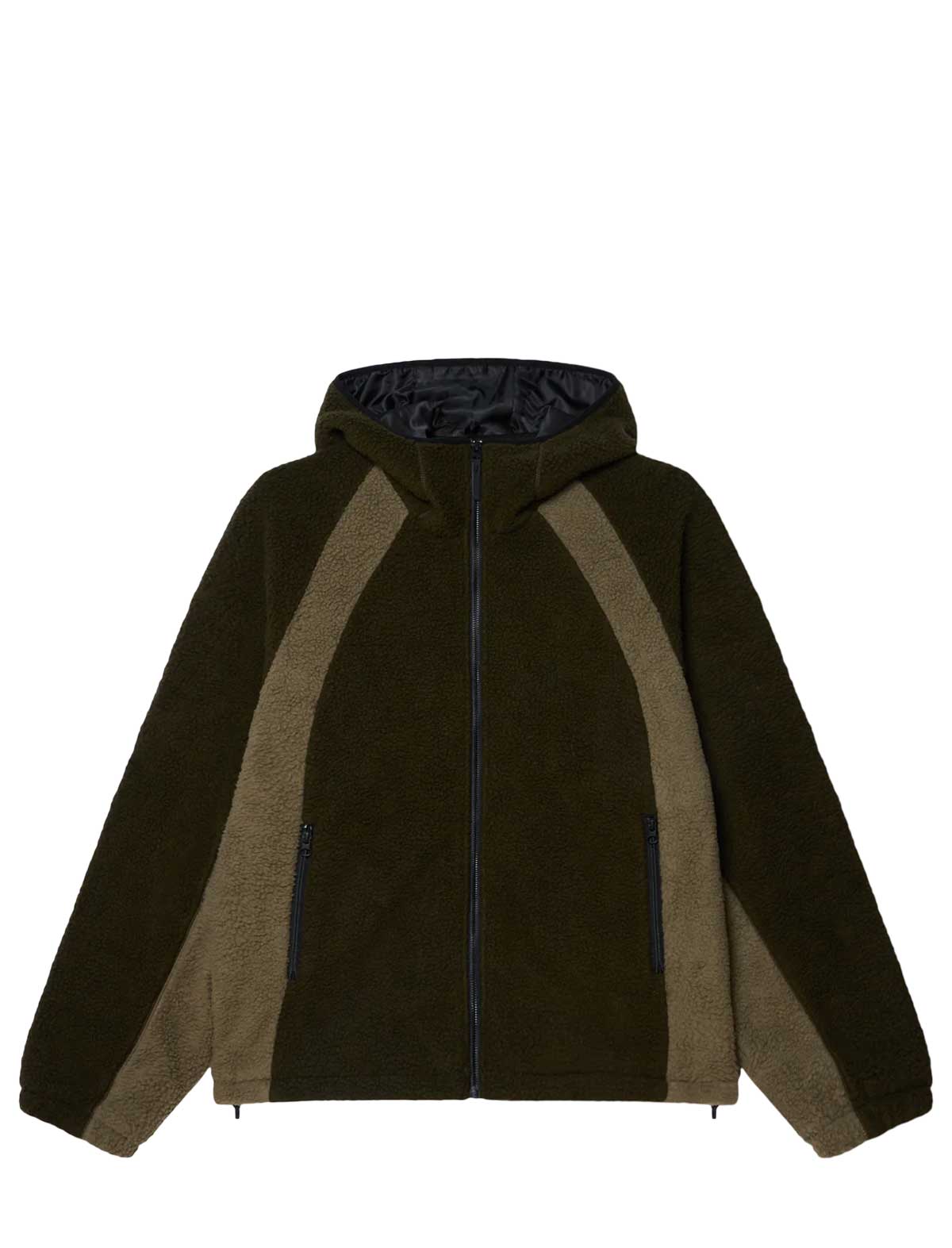 Two-tone jacket with a dark brown front and beige sides on a white background