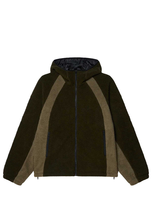Two-tone jacket with a dark brown front and beige sides on a white background