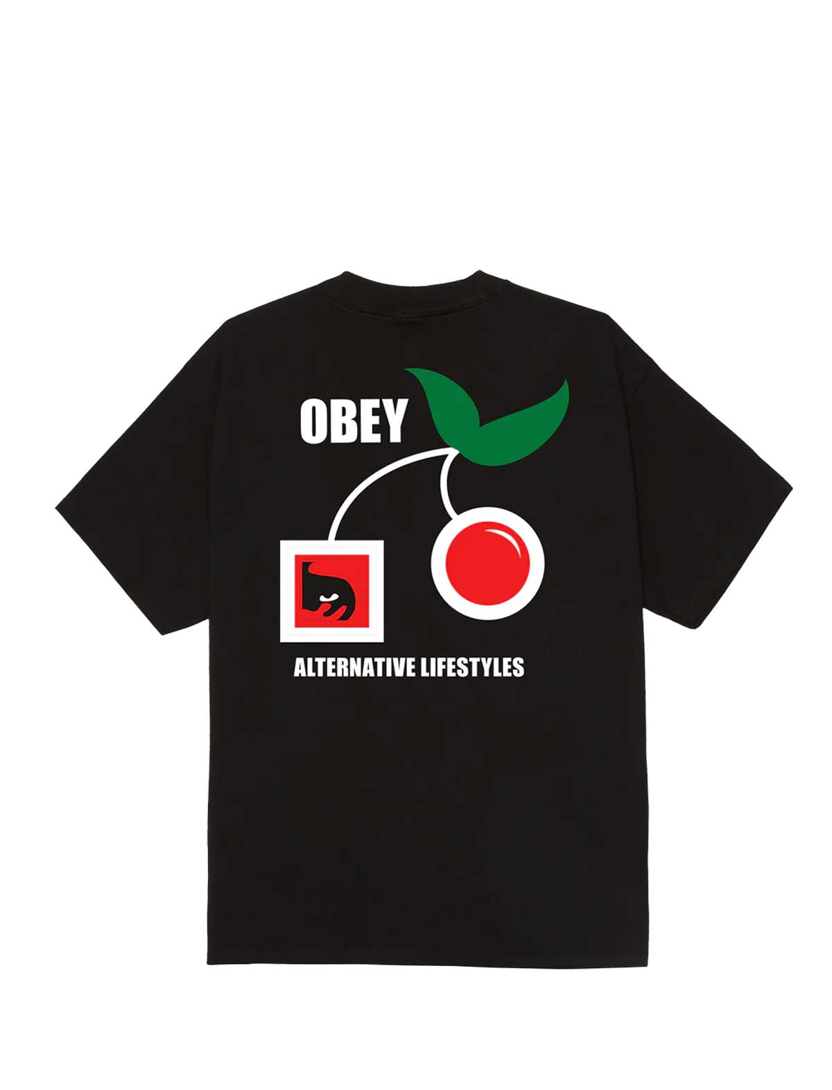 Black t-shirt with graphic design and 'OBEY' branding on a white background