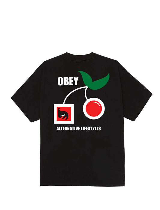 Black t-shirt with graphic design and 'OBEY' branding on a white background