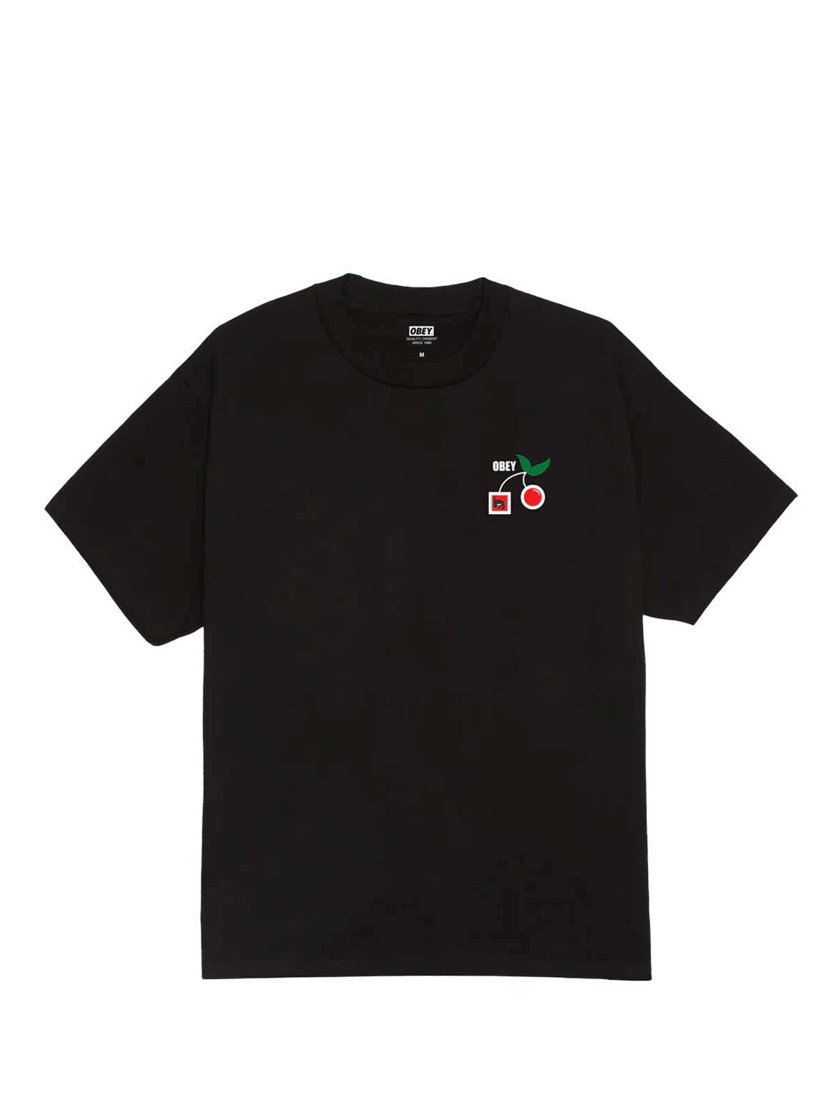 Black t-shirt with a small graphic on the chest against a white background