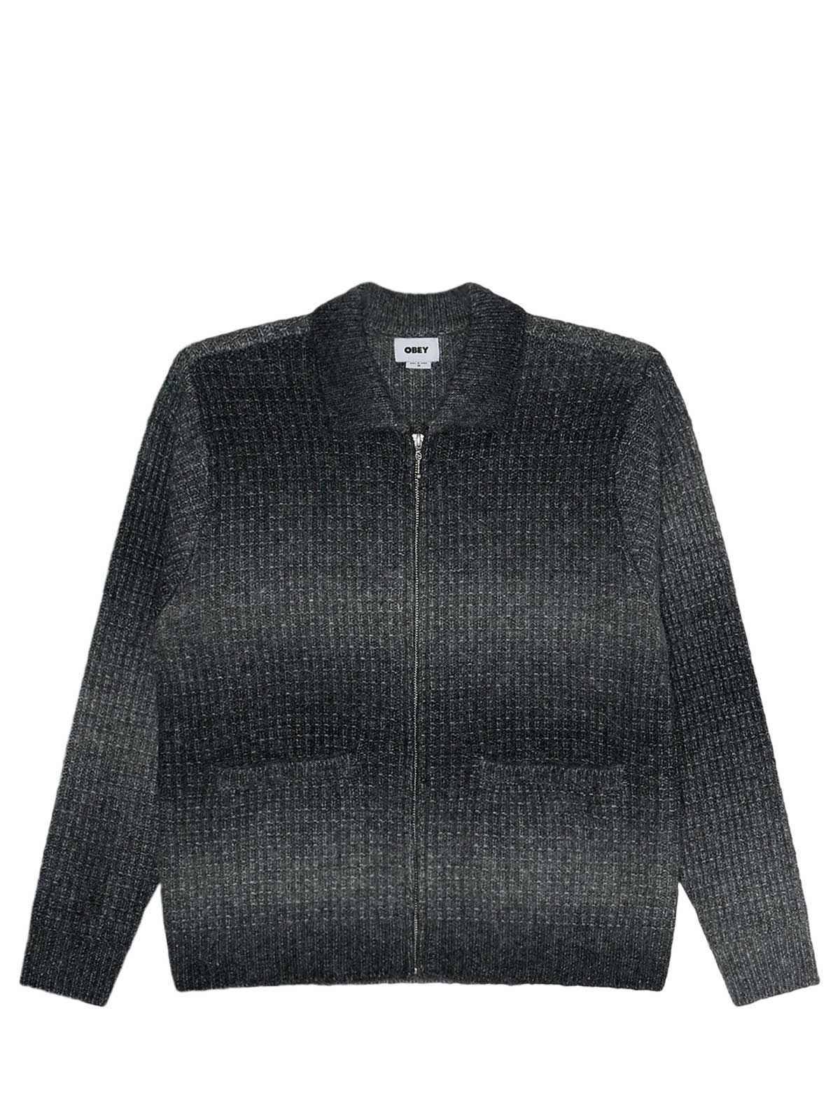 An Obey dark gray and black textured zip-up cardigan sweater with a ribbed collar, cuffs, and hem, displayed flat against a white background.