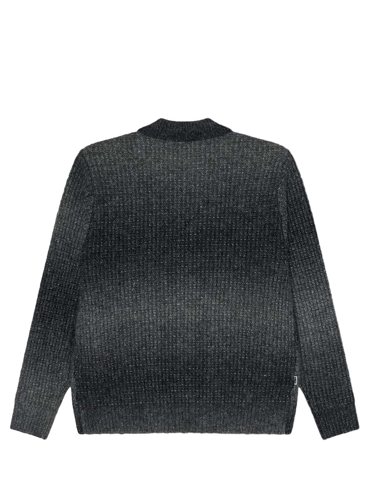 A dark charcoal gray ribbed knit sweater with a mock neck, shown from the back on a plain white background.