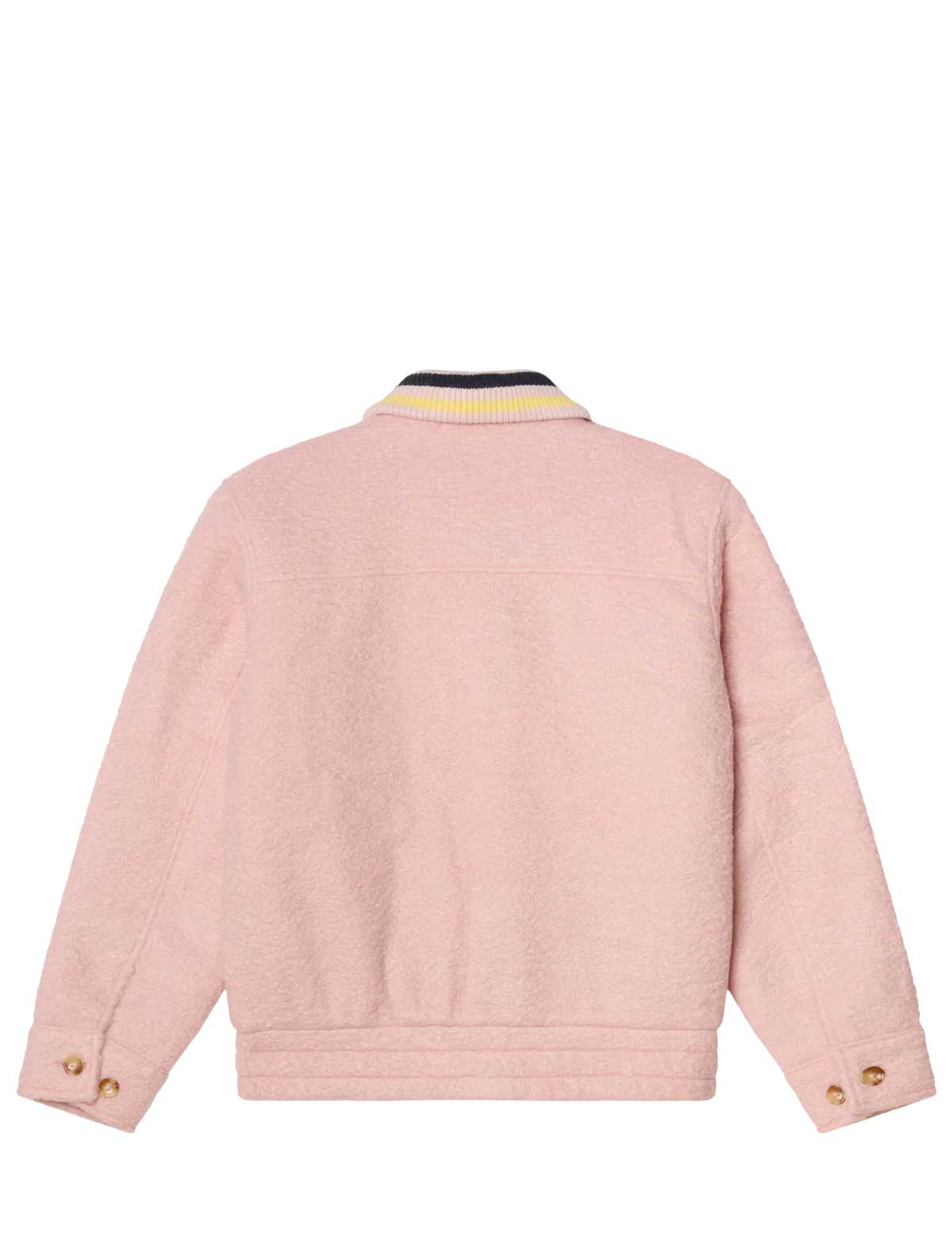 Pink jacket with a striped collar on a white background