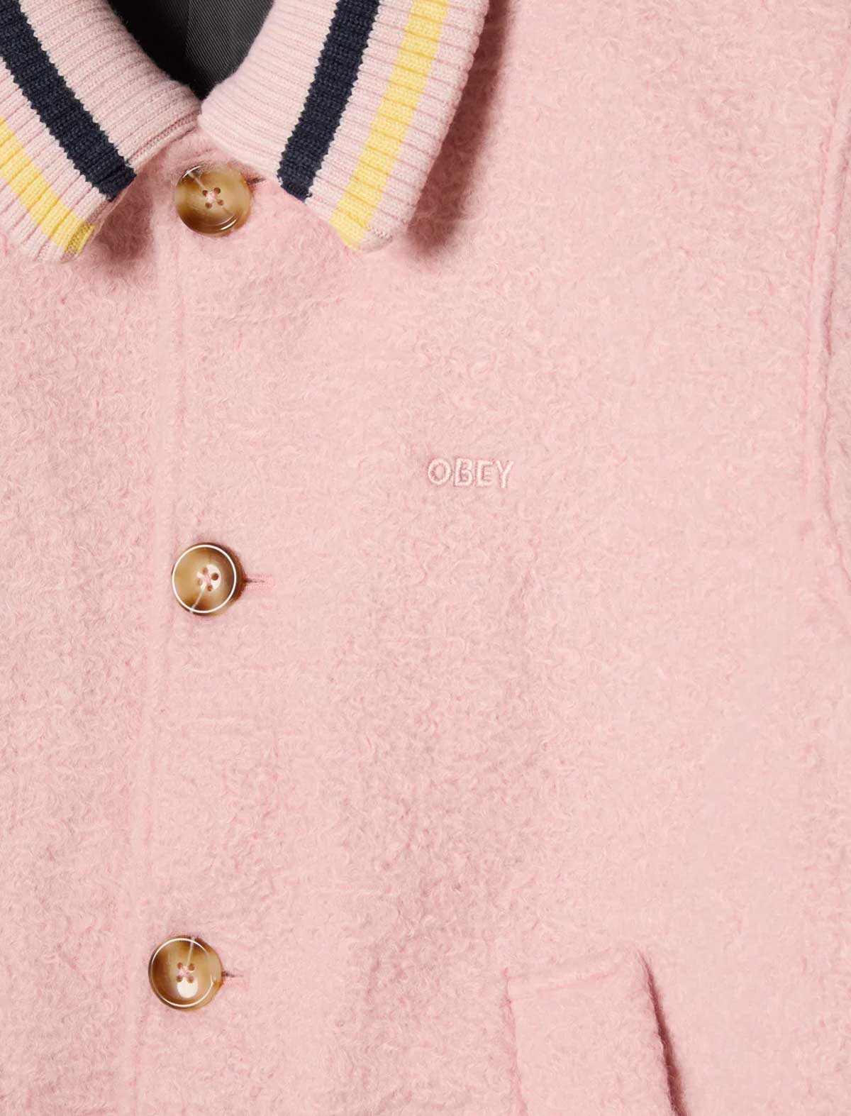 Obey Arden Blouson Jacket Pale Lilac close up detail of embroidered Obey branding