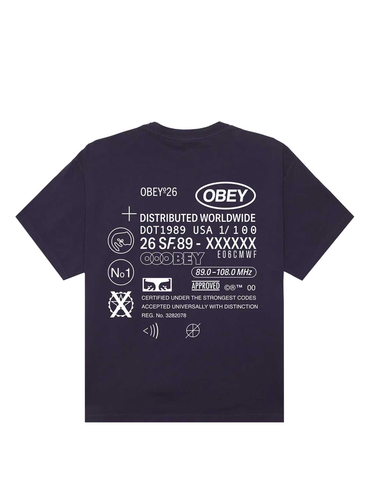 Purple t-shirt with white text and graphics on the back, featuring the Obey brand logo.