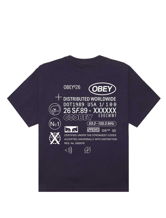 Purple t-shirt with white text and graphics on the back, featuring the Obey brand logo.