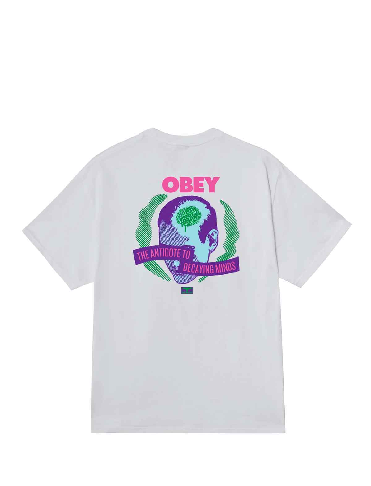 obey decaying minds White t-shirt with 'Obey' logo and graphic on a white background