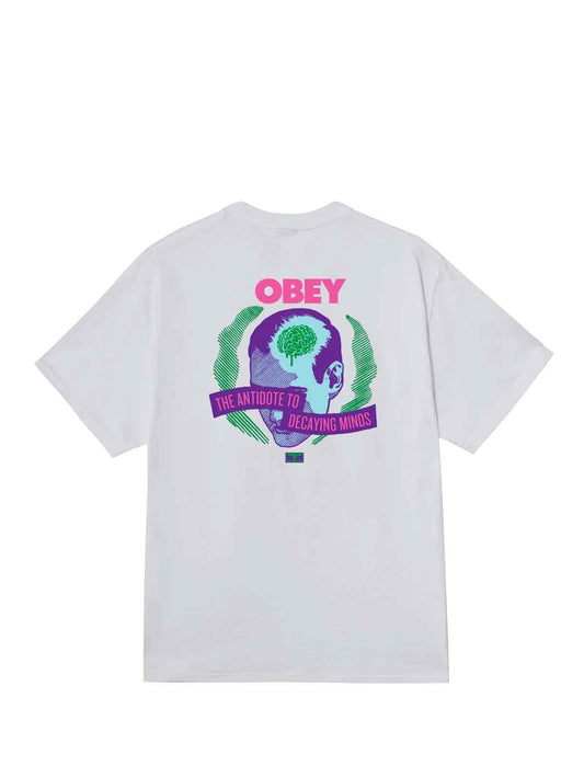 obey decaying minds White t-shirt with 'Obey' logo and graphic on a white background
