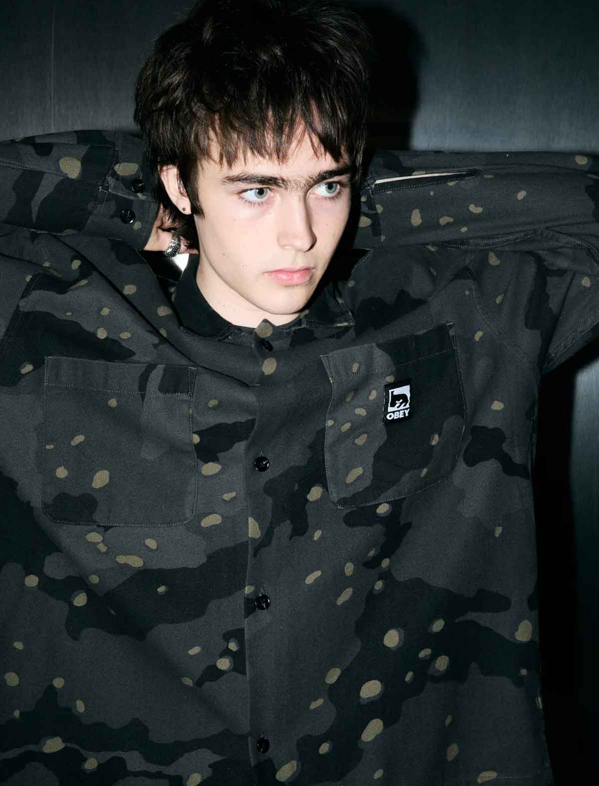 Obey Desert Night Camo shirt chest pocket and art label detail