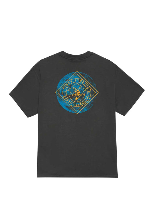 Obey Earth Defenders Black t-shirt with a blue and yellow graphic on a white background
