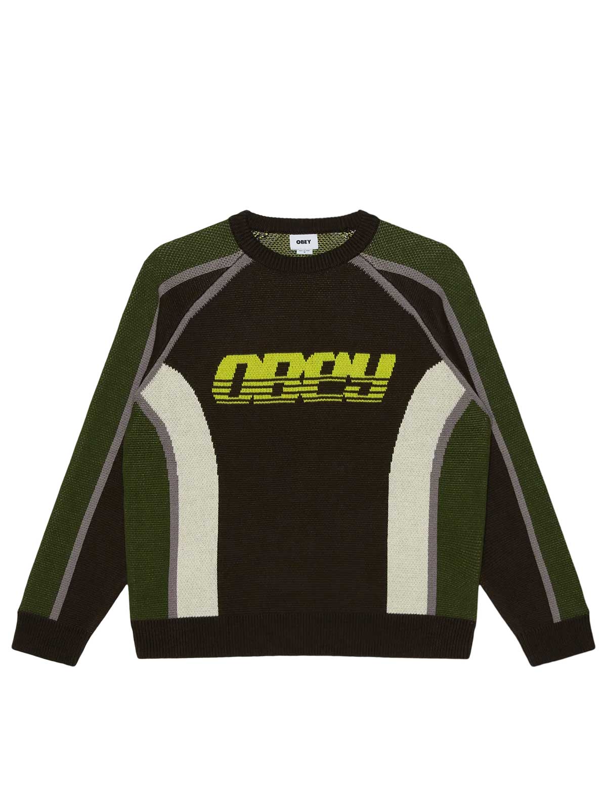 A crewneck knit sweater with a dark brown body, olive green sleeves and shoulder panels, and contrasting light beige and gray curved stripe details. The chest features a bold yellow and black 'OBEY' graphic logo.