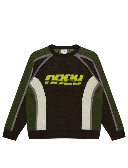 A crewneck knit sweater with a dark brown body, olive green sleeves and shoulder panels, and contrasting light beige and gray curved stripe details. The chest features a bold yellow and black 'OBEY' graphic logo.
