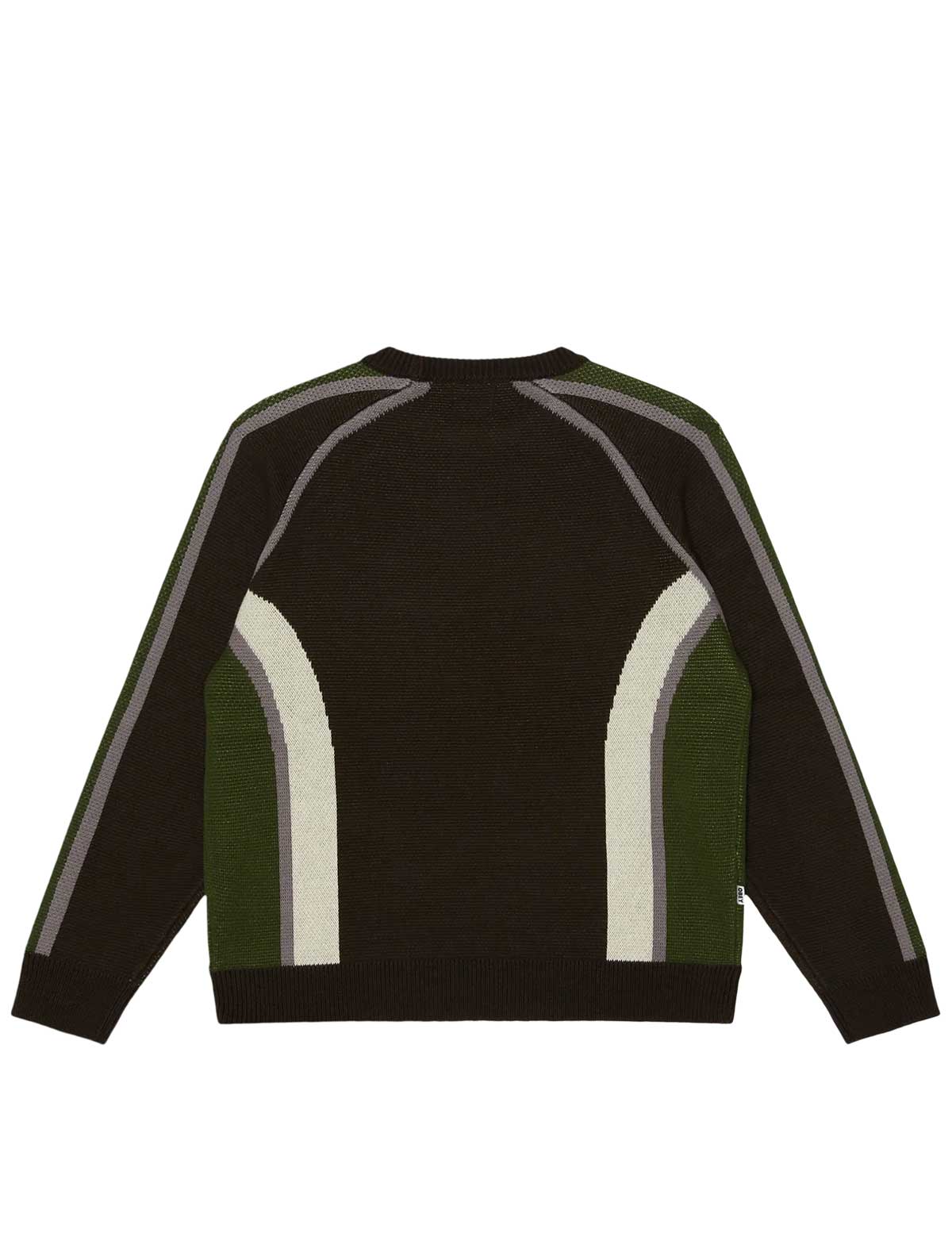 A black knit crewneck sweater with color-blocked green and off-white panels on the sides and sleeves, shown from the back against a plain white background.