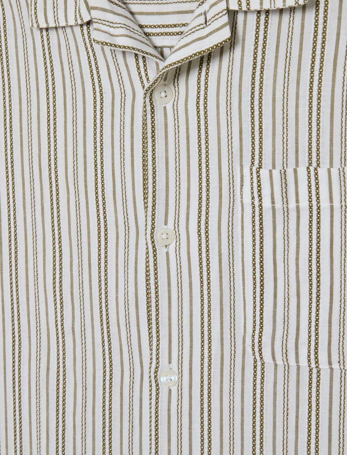 Close-up of a striped shirt with a collar and buttons.