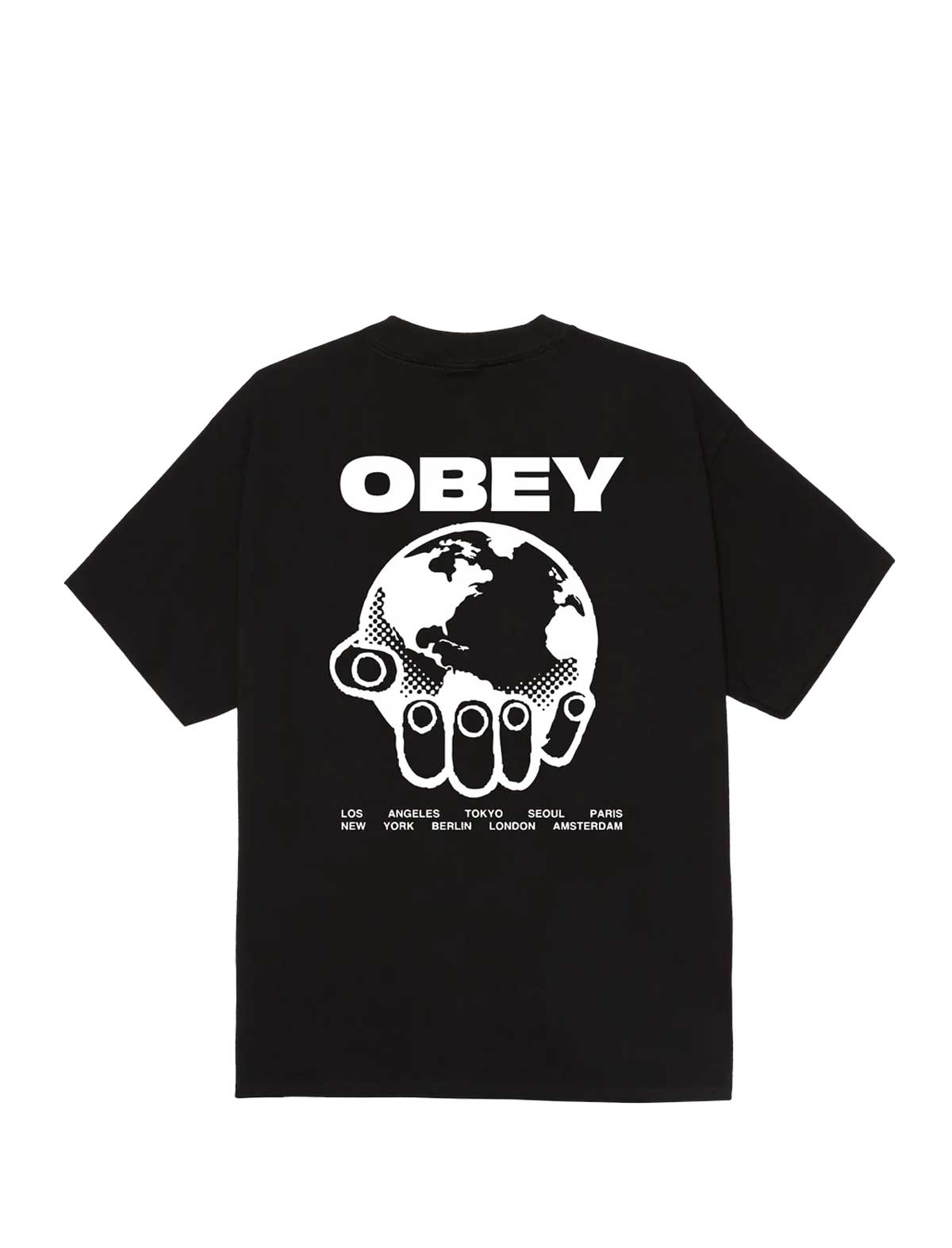 Black t-shirt with 'OBEY' logo and hand holding globe design on a white background