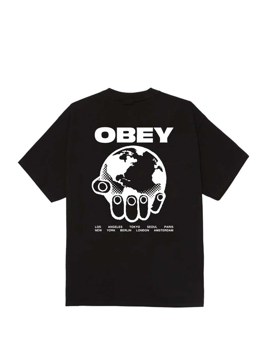 Black t-shirt with 'OBEY' logo and hand holding globe design on a white background