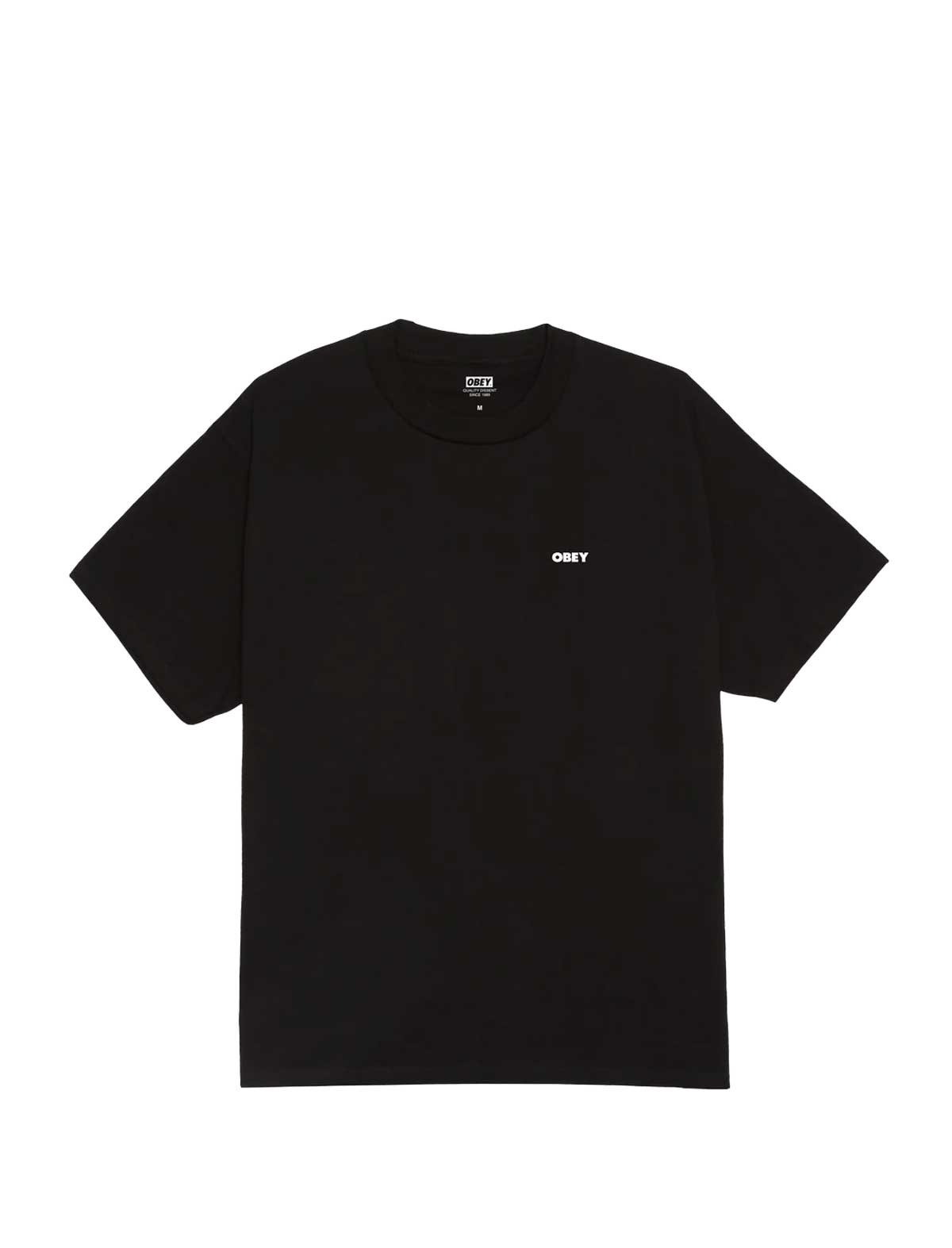 Black t-shirt with a obey brand logo on a white background