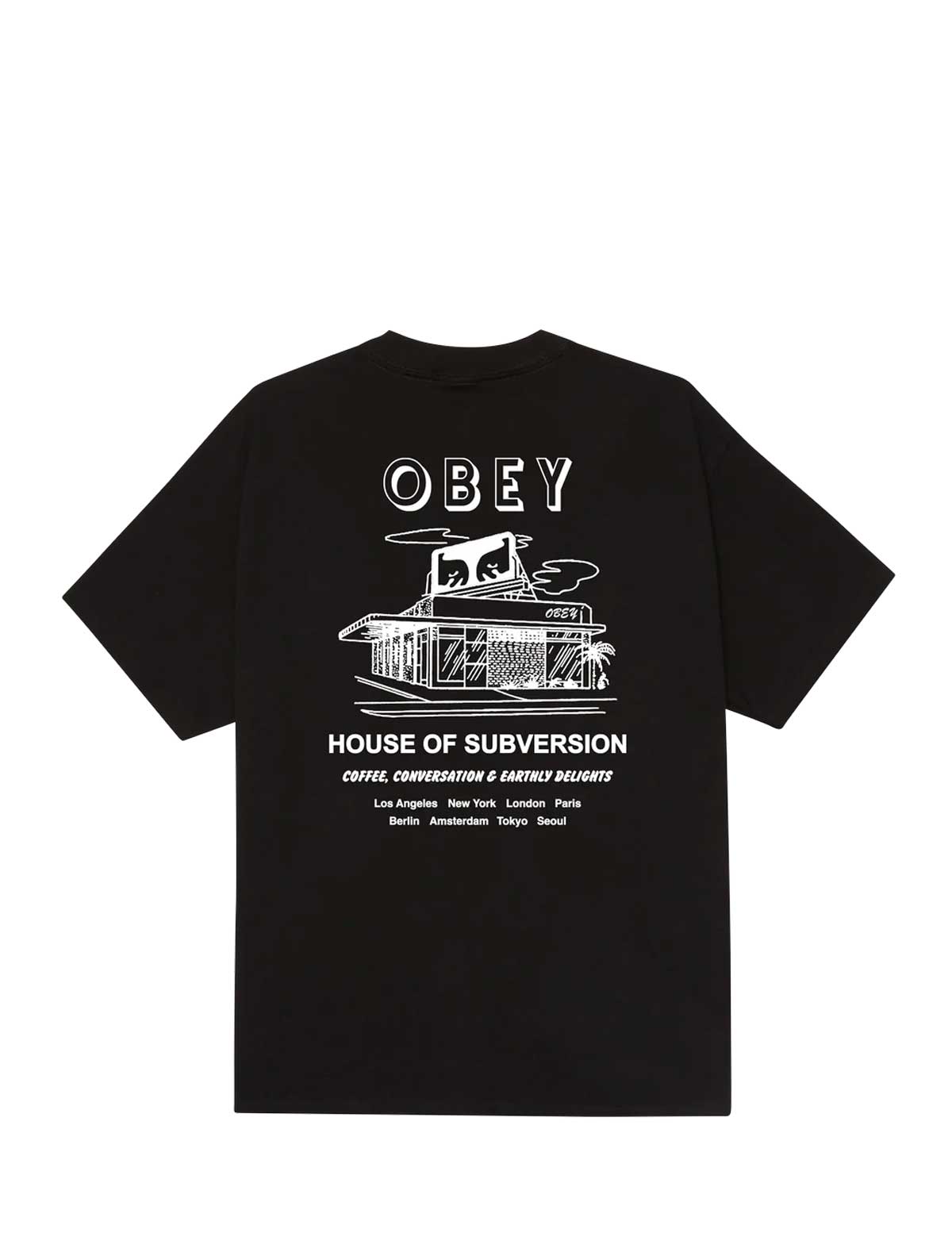 Obey House of Subversion Black t-shirt with white graphic and 'Obey' branding on a white background