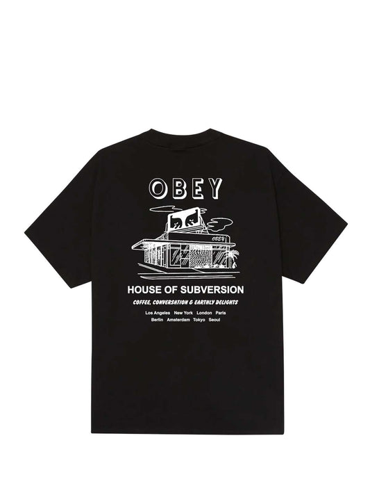 Obey House of Subversion Black t-shirt with white graphic and 'Obey' branding on a white background