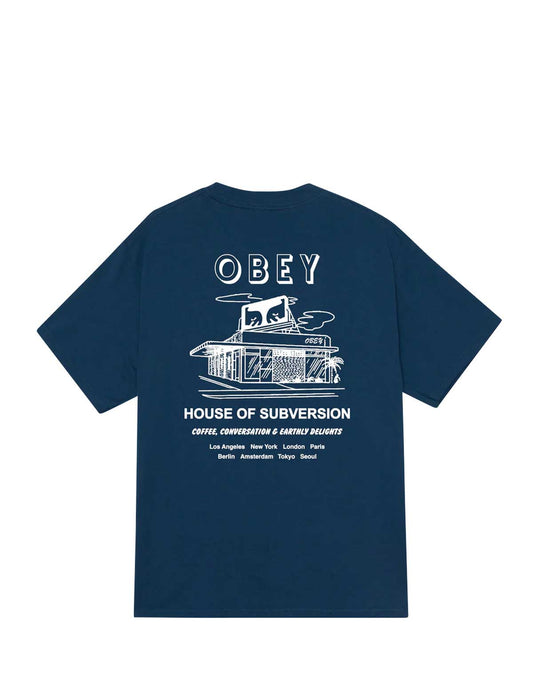 obey house of subversion Navy blue t-shirt with white graphic and 'OBEY' branding on a white background