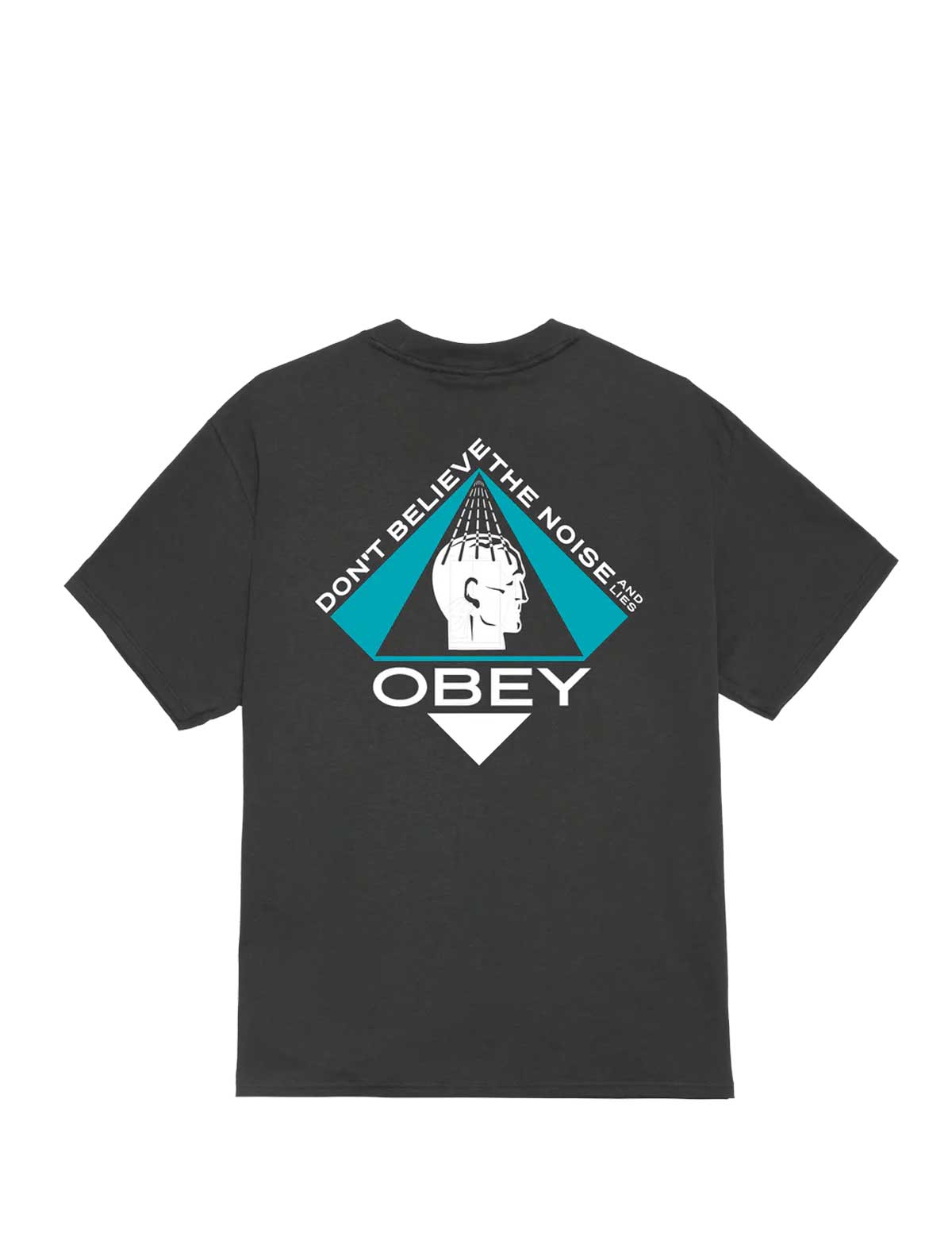 Black t-shirt with 'Obey' graphic design on a white background