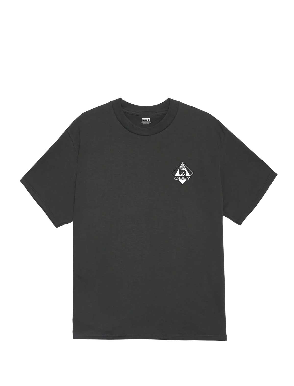 Black t-shirt with a small white logo on a white background